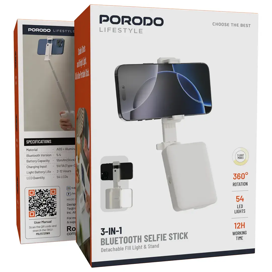 Porodo Lifestyle 3-in-1 Bluetooth Selfie Stick with Detachable Fill Light and Stand