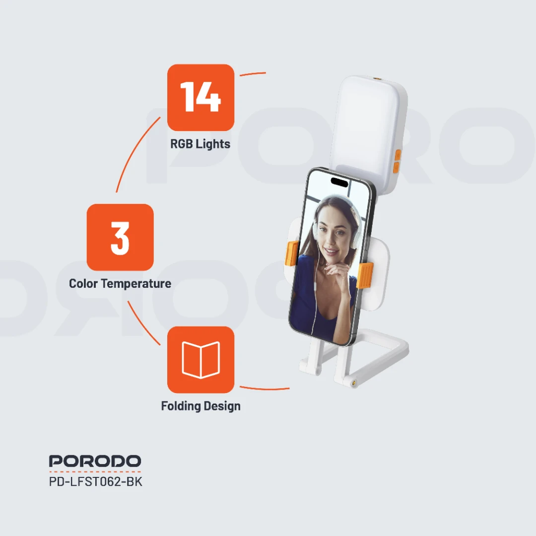 Porodo Lifestyle LumiSnap Foldable RGB Fill Light with Phone Stand