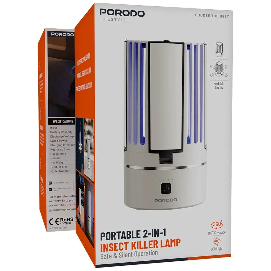 Porodo Lifestyle Portable 2-in-1 Insect Killer Lamp with Safe & Silent Operation